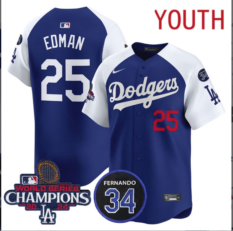 Youth  MLB Los Angeles Dodgers #25 Edman blue 2024 World Series Champions Patch Limited Jersey